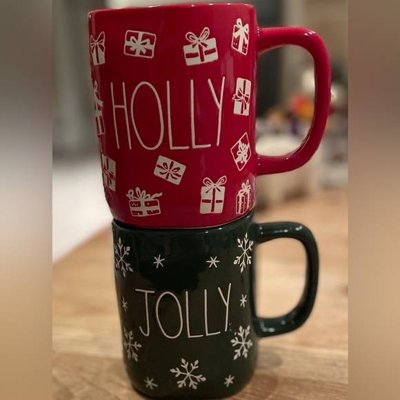 Rae Dunn Ceramic Christmas Holly & Jolly Mugs set of 2 whimsical home holiday - Picture 1 of 6